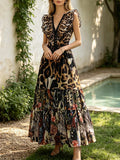 Bohemian Deep V Neck Ruffle Sleeve Maxi Dress Women Leopard Tropical Animal Floral Print Smocked Waist for Vacation Daily