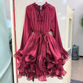 Ruffled Mock Neck Mini Dress for Women Tie Neck Long Sleeve Flare Cuff Self Tie Sash Waist Tiered Ruffle for Party Occasions