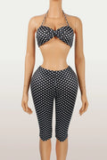 Wild Vacation 2 Piece Set Women Polka Dot Print Halter Tank Tops+Bike Shorts Stretch Matching Street Party Outfits