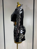 Women Long Sleeve Sequin Mini Bodycon Three Piece Set Birthday Evening Party Costume Bar Nightclub Performance Stage Outfit