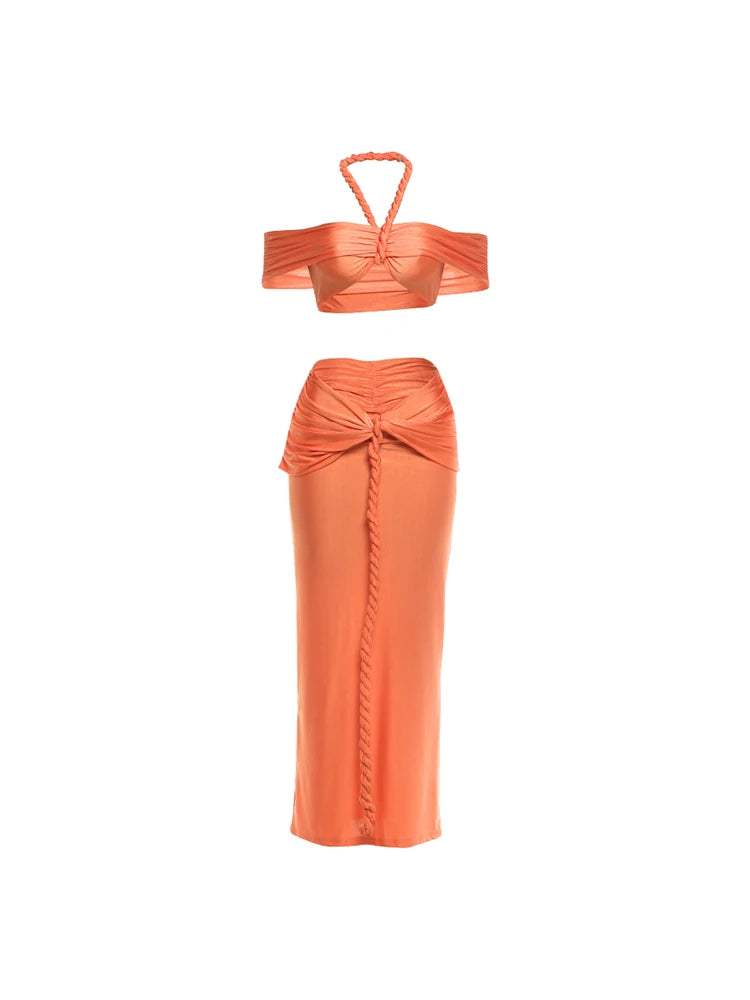 Braid New Trend 2 Piece Set Women Beach Y2K Sexy Crop Tops+Patchwork Wrap Skirt Party Elegant Vacation Slim Clubwear