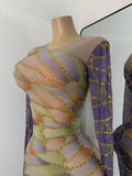 Sexy Colorful Printed Party Dress For Women Long Sleeve Mesh Rhinestones Evening Birthday Celebrity Gala Gown