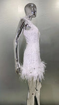 2026 Women's Luxury Rhinestone Feather Sequin Embroidered White Mesh Dress Glam Fashion Celebrity Party Evening Performance Gown