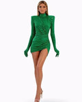 Women's Green Sequined Velvet Long Sleeve Turtleneck Mini Dress Fashion Hot Party Evening Stage Performance Gown Robes De Soirée