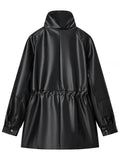 Black Slimming Leather Jacket for Women Lapel Long Sleeve Patchwork Double Breasted Fashionable Coat Female Autumn