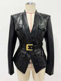 2026 Latest Design Slim Pu Leather Jacket Black Quality Blazer Belt Women Fashion Jackets Coat