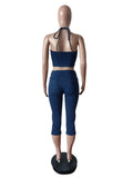Denim 2 Piece Set Women Summer Halter Wrap Chest Backless Zip Halter Tops+Shorts Matching Hipster Vintage Streetwear