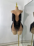 Sexy Mesh See Through Rhinestones Two Pieces Dress Coat Sets Women Sparkly Tassels Performance Singer Dancer Stage Costume