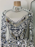 Flashing Rhinestones Mirrors Long Sleeve Dress Performance Singer Dancer Costume Bar Nightclub Party Stage Wear Birthday Vestido