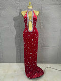 Sparkly Silver Crystal Studded Deep Cut Bodycon Satin Long Prom Gown Nightclub Dress