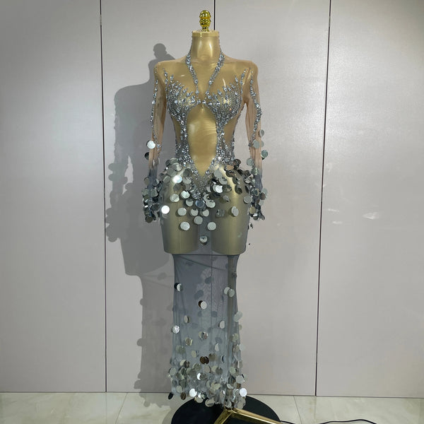 Luxury Silver Sparkly Diamonds Sequins Birthday Evening Party Nightclub Stage Wear Sexy Mesh See Through Long Sleeves Long Dress