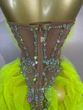 Sexy Sparkly Diamonds Strapless Mesh Ruffled See Through Mini Dress Women Eveing Party Birthday Nightclub Bar Stage Show Costume