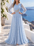 Fashion V Neck Lace Long Puff Sleeve Floor Length Dress for Women Ruched Waist Rhinestone Decoration for Banquet Gala Event