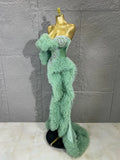 Sexy Mermaid Evening Dress Mint Green Fold Tulle Ruffle Train Rhinestone FoldFormal Gown For Women Pageant Performance Costume