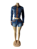 Denim Hipster 2piece Set Woman Pocket Zip Polo-Neck Crop Jacket+Skinny Shorts Street Vintage Casual Matching Outfits