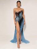 Sparkly Diamonds Tassel Long Dress Birthday Evening Party Sexy Strapless Side High Slit Mesh See Through Nightclub Stage Costume