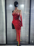 Heavy Red Sparkly Crystal one shoulder Split Dress Sexy mesh see Transparent Birthday party latin outfit Celebrate show Designer