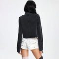 Cropped Denim Jacket Women Stand Collar Bell Sleeves Double Breasted Splicing Retro Fashion Biker-Style Coat Autumn 2026