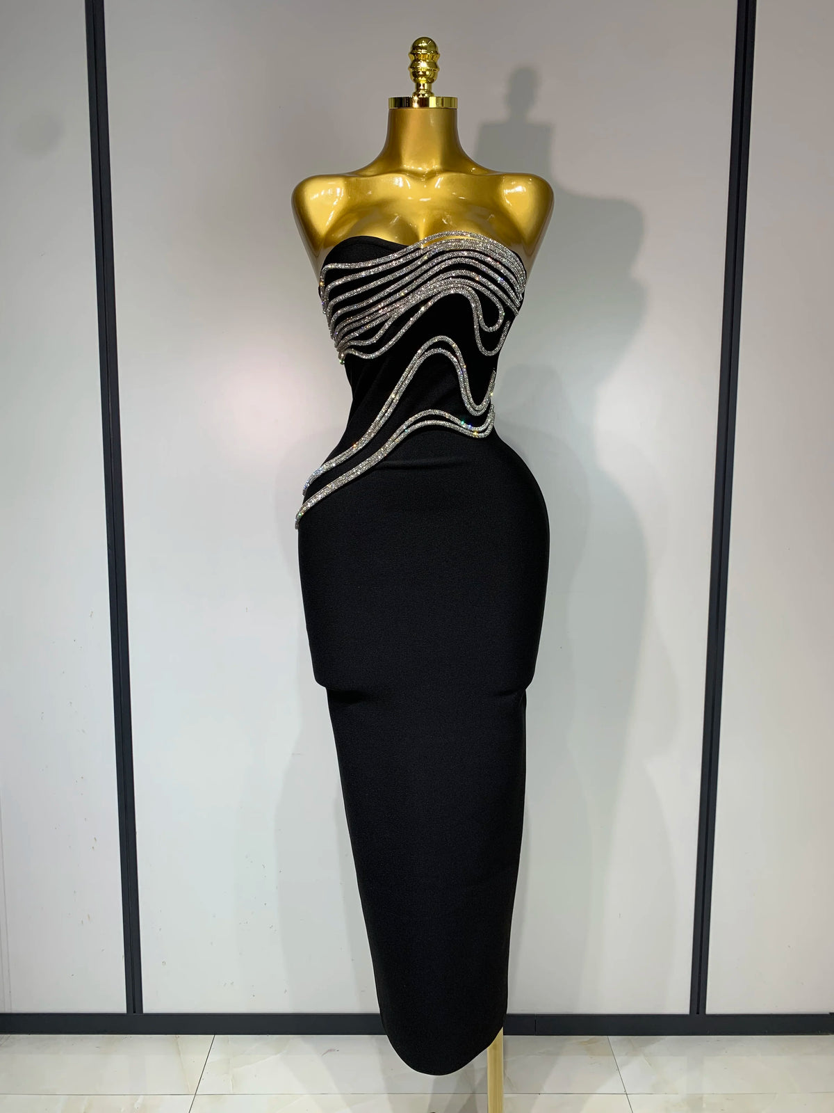 Women Sexy Strapless Diamond Lines Bodycon Bandage Long Dress Celebrity Red Carpet Dress Elegant Evening Birthday Party Dresses