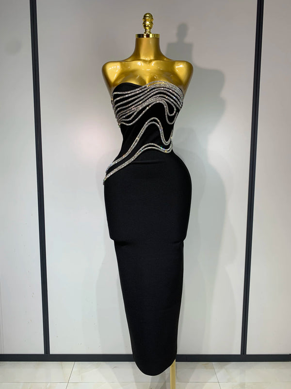 Women Sexy Strapless Diamond Lines Bodycon Bandage Long Dress Celebrity Red Carpet Dress Elegant Evening Birthday Party Dresses