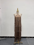 Solid Spliced Tassel Dresses for Women Halter Sleeveless High Waist Temperament Dresses Female Fashion New