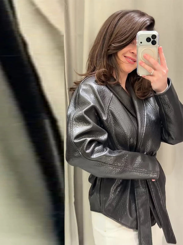 Women's Chic Lapel Oversized PU Leather Jacket Casual Full Sleeve Drop Shoulder Belted Coat Lady 2026 Spring Chic Streetwear