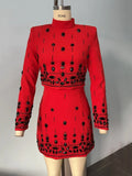 Fashion Women's Heavy Industry Diamond Two Piece Set Short Long Sleeve Tops Wrapped Hip Mini Skirt Female Outfit