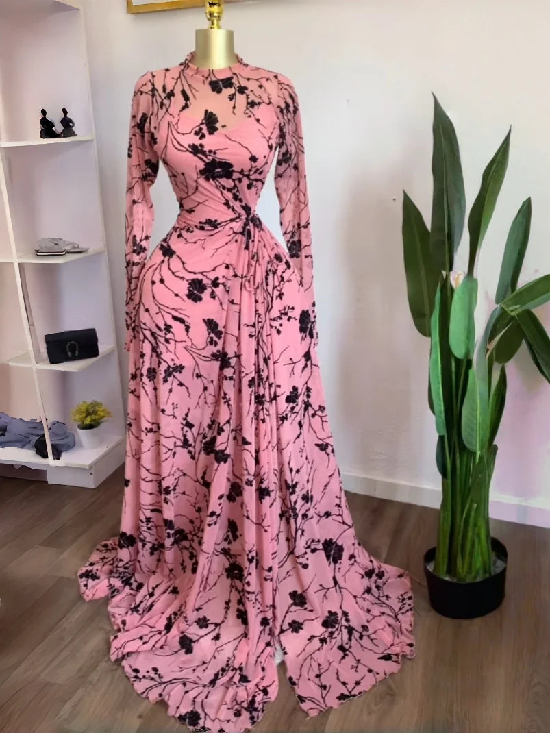 Women Long Sleeve Floral O-neck High Split Big Swing A-line Maxi Dress 2026 Birthday Vacation Trendy Dresses Vestidos