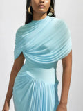 Patchwork Shawl Bodycon Party Maxi Dresses for Women O Neck Short Sleeve High Waist Evening Temperament Folds Dress Female