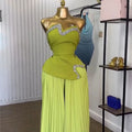 Women's Set Diamonds Hot Rhinestones Crop Top and Pleated Wide Leg Pants Suit  Two 2 Piece Sets Outfits Tracksuit