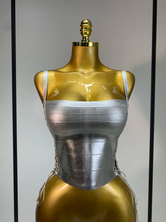 Sparkly Slver Gold Bandage Top Women Sexy Nightclub Evening Party Backless Spicy Girl High Street Stage Outfit