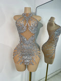 Women's Sparkly Birthday Mini Dress Crystals Diamonds Mesh Evening Party Gowns Performance Costume Stage Outfit Club Vestidos