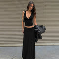 Chic Light Blue 2 Piece Outfit Women Deep V Neck Sleeveless Ruched Crop Top Low Waist Flowy Maxi Skirt Suit Party Matching Sets
