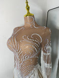 Women Sparkly Crystal Pearl Tassels Sexy Sheer See Through Bodycon Mini Silver Outfit Birthday Dress Dancer Performance Costume
