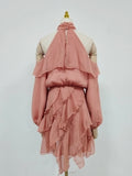 Off The Shoulder Short Dress Female Stand Collar Long Sleeve Ruched Waist Ruffles Dresses for Elegant Retro Date
