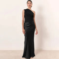 Solid Slimming Dresses for Women Slanted Collar Sleeveless High Waist Temperament Dress Female Fashion