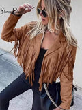 SHENGPALAE Women Jacket Cropped Faux Suede Fringe Lapel Western Streetwear Moto Outerwear Autumn 2026 New 05E03782