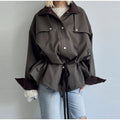 Retro Drew-string Jackets Women's Loose Full Sleeves Buttons Zipper Pockets Lapel Coats 2026 New Ladies Autumn Solid Outwear