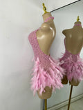 Women Sexy Halter Beading Feather Tight Bodysuit Nightclub Performance Leotard Luxury Party Celebrate Stage Wear