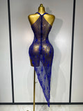 Sparkly Crystal Diamond Gold Sexy See-Through Sheath Dress Nightclub Performance Custome Stage Wear Birthday Evening Party Dress