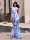 Women's Sky Blue Rhythm Fringed Long Maxi Dress 2026 New Sleeveless Ruffle Tassels Night Out Dress Clubwear Outfits