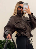 Elastic Drawstring Leather Jacket Zipper Stand Collar Long Sleeved Short Jackets Lady 2026 Autumn Women Chic Street Outerwear