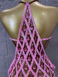 Sexy Crystal Mesh Halter Mini Dress Women Sheer Sequin Embellished Bodycon Outfit Birthday Party Nightclub Performance Costume