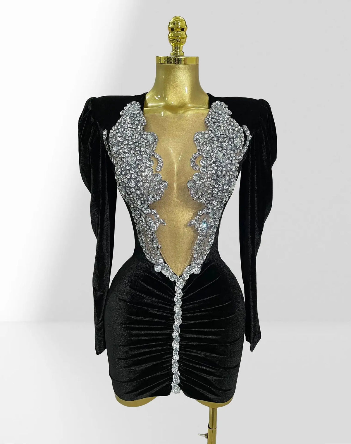 Women's Luxury Rhinestone Glam Low-cut Hip-hugging Black Velvet Dress Fashion Party Performance Gown Robe Femme Chic Et Élégante
