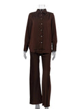 Brown Spliced Folds Two Piece Set Female Lapel Long Sleeve Shirt Vintage Commute Women's Trousers Sets Fashion New
