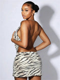 Sequins Patchwork 2 Piece Set Woman Zebra Stripes Swing Collar Backless Tank Tops+Mini Skirts Street Wild Style Suits