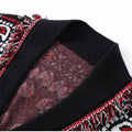 Women's Shawl Collar Fringe Knitted Cardigan Self Fabric Belt Waist Ethnic Print Loose Long Sleeve Mid Length Coat Autumn Casual