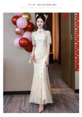 Wedding Dresses Mermaid Long Sleeves Mesh Lace Floral Chesongam Women Elegant Vestidos Stand Collar Chinese Style Dresses