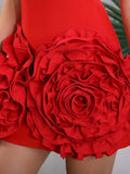 2026 Ladies 3D Flowers Strapless Tight Backless Design Celebrity Club Party Red Sleeveless Sexy Mini Bandage Dress