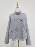 Minimalist Casual Style Gray Oversized Shirt for Women Stand Collar Long Sleeve Buttons Accent for Office Commute
